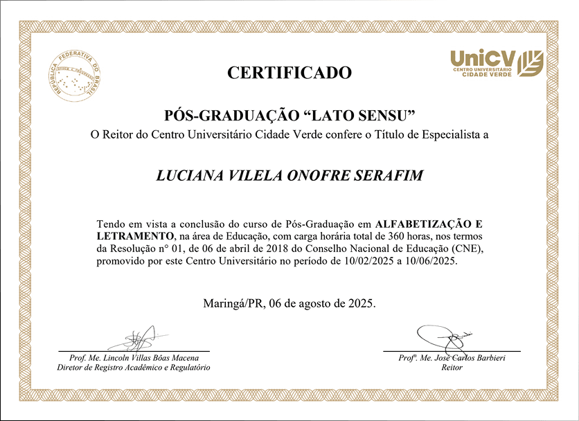 Certificado de Pós-Graduação reconhecido pelo MEC